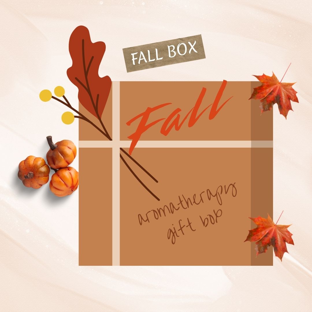 Brown box labeled 'Fall Aromatherapy Gift Box' with autumn-themed decorations on a beige background.