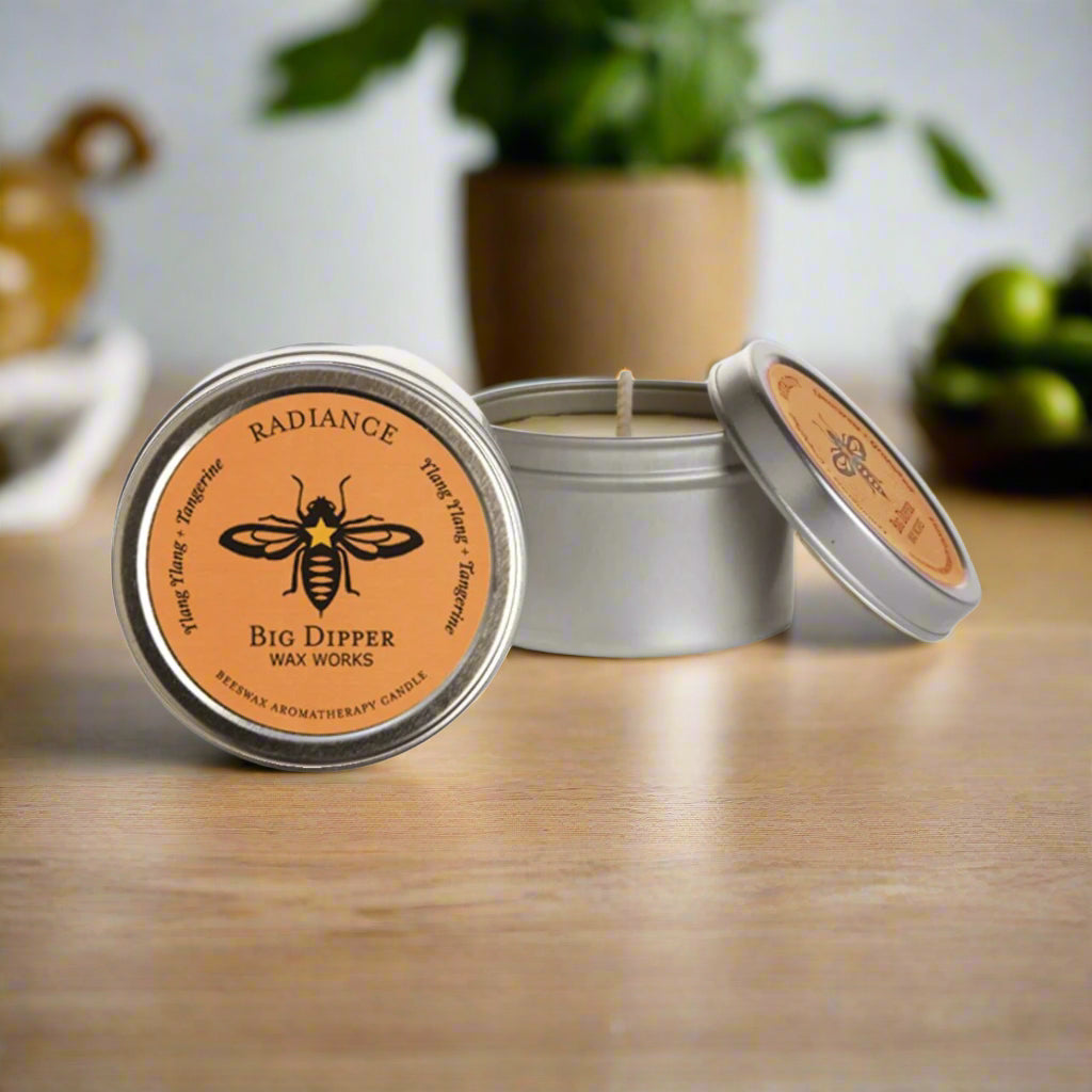 radiance ylang ylang tangerine small candle tin on kitchen counter Big Dipper wax works