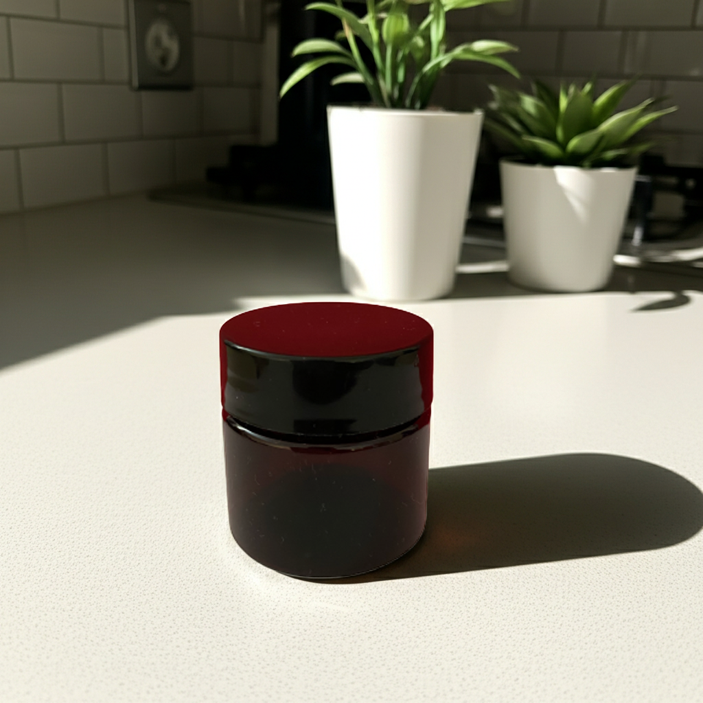 amber small jar with black  lid on a light surface with plants in the background