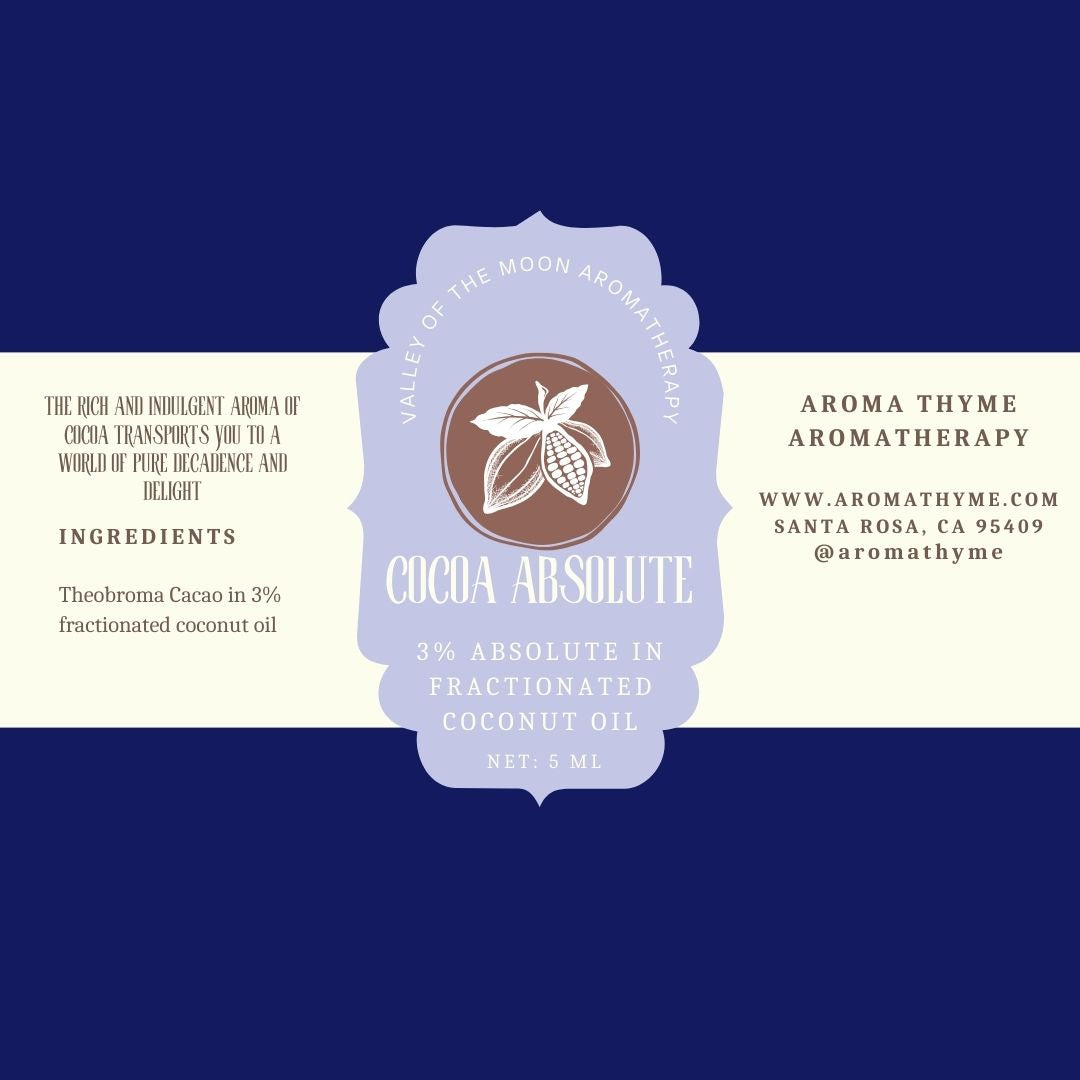 Cocoa absolute product label with branding and ingredient information on a blue background