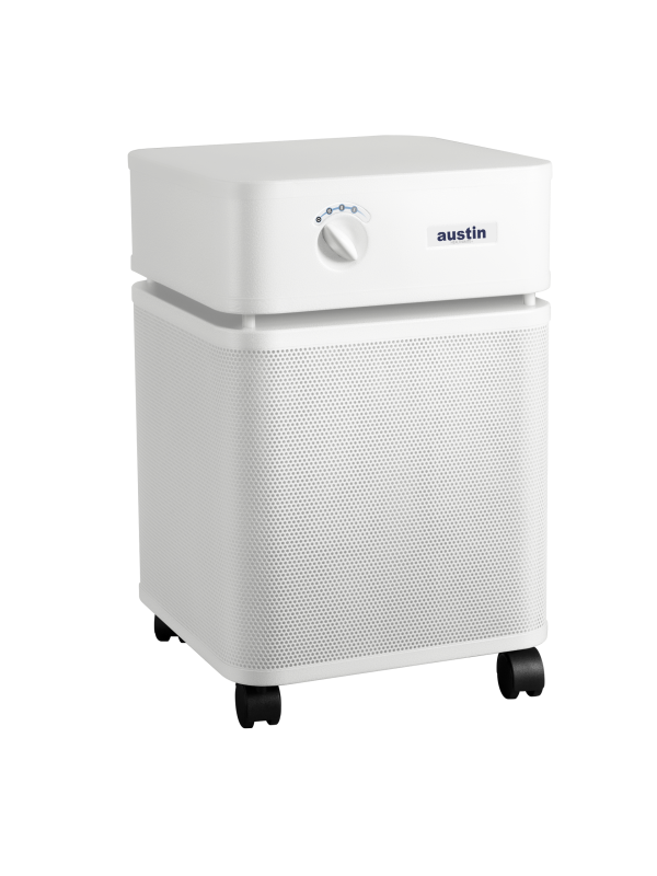 White air purifier with 'austin' branding on a white background