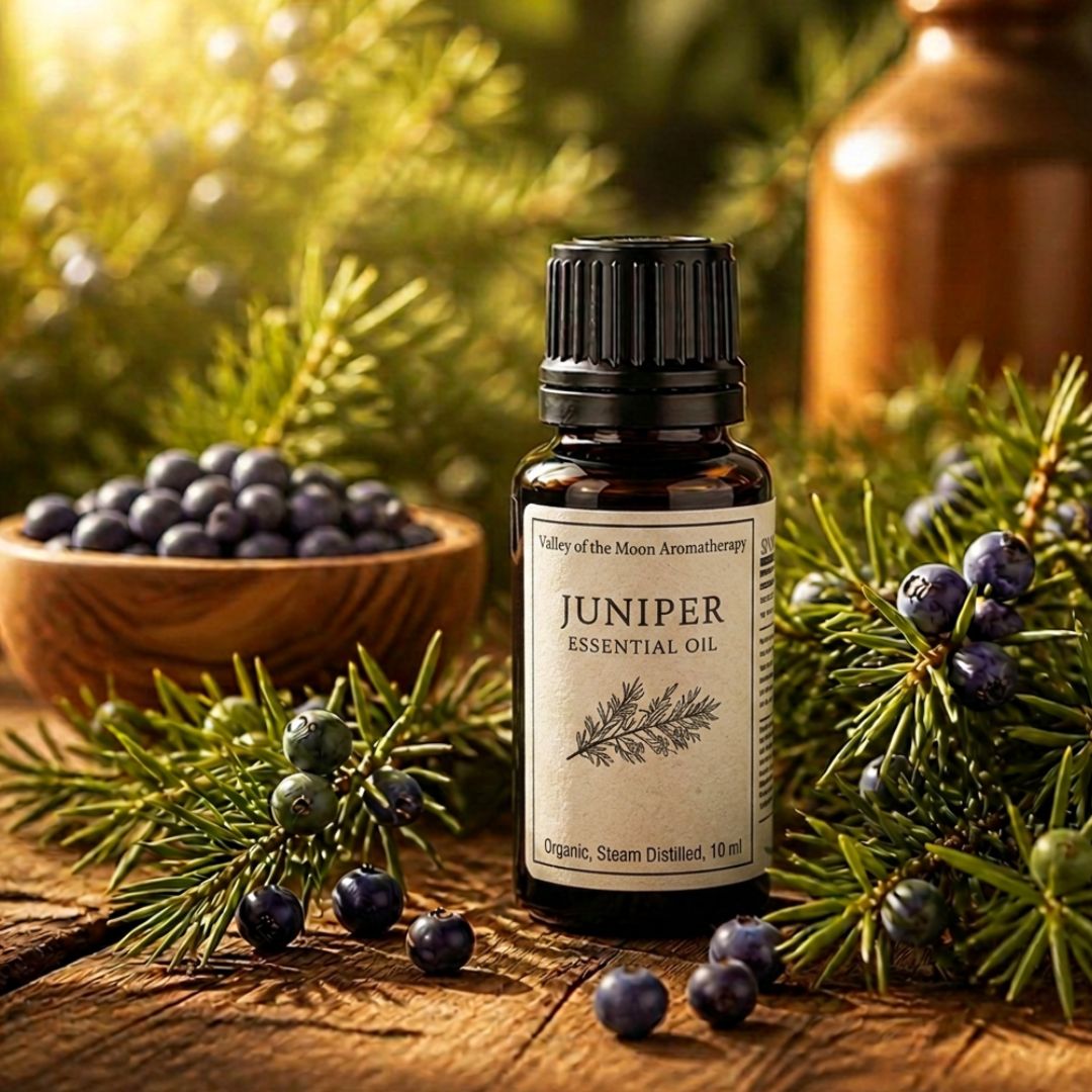 A small amber glass bottle of Juniper Essential Oil with a black cap and cream label, styled on a rustic wooden surface with juniper branches, berries, and a wooden bowl in a warm, natural setting.