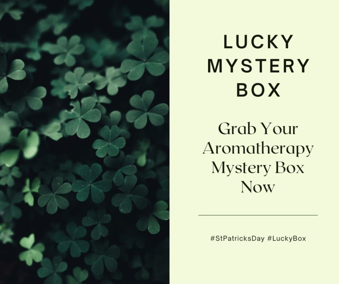 Promotional graphic for a lucky mystery box with shamrock leaves on a dark background