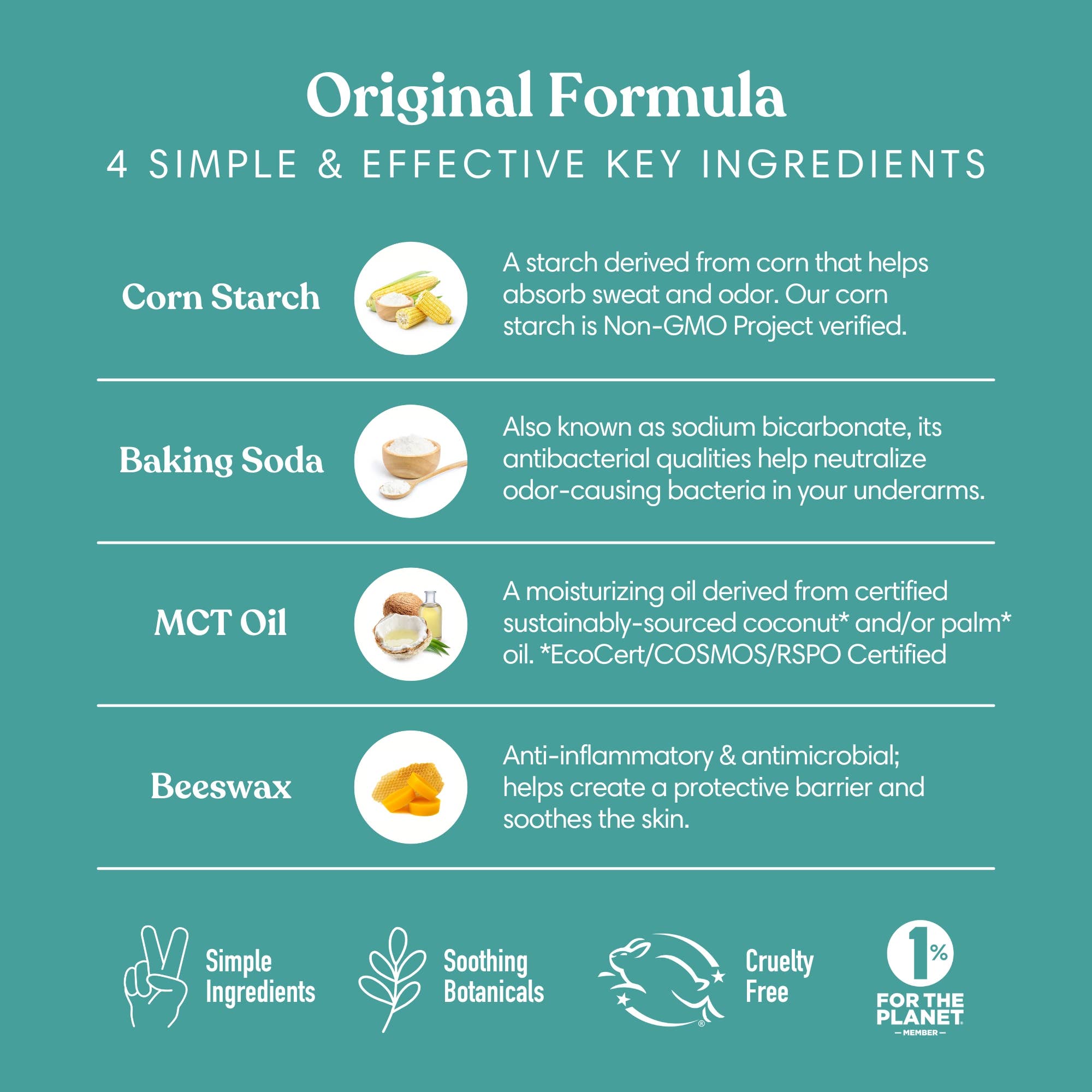 Humble Rosemary & Mint original formula deodorant showing 4 simple & effective key ingredients corn starch, baking soda, MCT oil, Beeswax – available at www.aromathyme.com